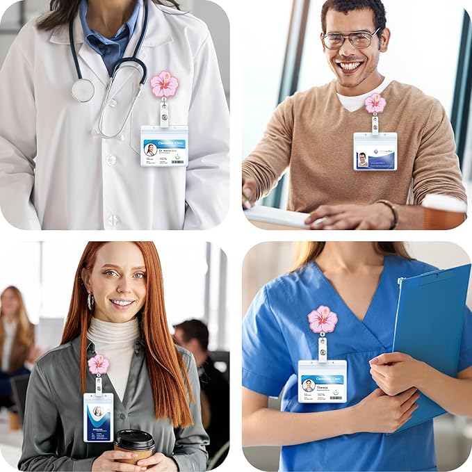 Cute Hibiscus Flower Badge Reel, Retractable ID Card Pink Badge Holders, Work Badge Clip for Pediatric ED ER RN CNA LPN MA PT OT Therapists HR Social Workers Nurses Doctor Teachers Nursing Student