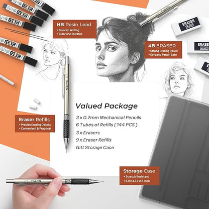 Nicpro 0.7 mm Art Mechanical Pencil Set in Storage Case, 3 PCS | Metal Drafting Pencil Lead Pencil+6 Tube HB Lead Refill, 12 Eraser, Comfort Grip For School Writing, Artist Drawing Sketching
