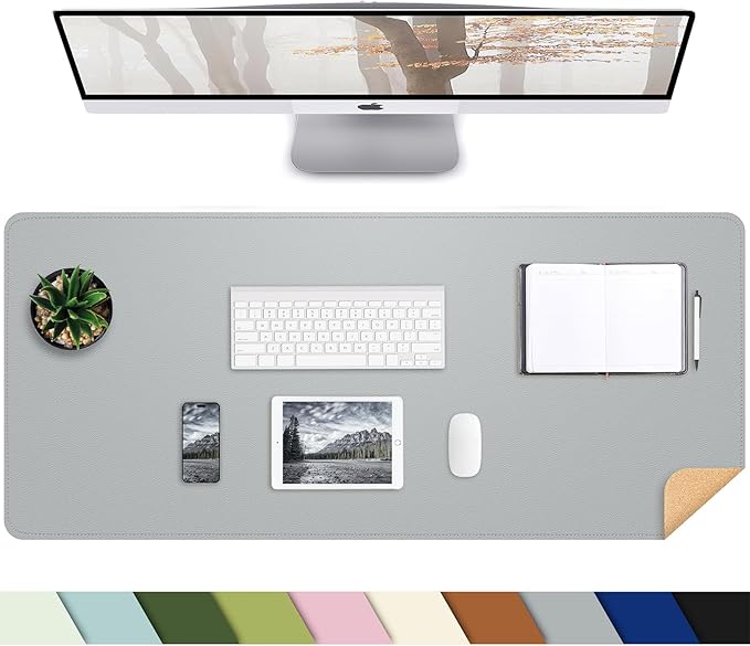 Desk Mat,35.4" x 17" Leather Desk mat,Double-Sided Desk Pad,Desk matt for Desktop,Large Mouse Pad,Office Desk mat,Waterproof Desk Blotter pad for Office&Home(Light Grey+Cork)