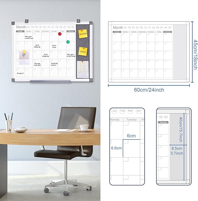 MAKELLO Dry Erase Calendar for Wall 24" x 18", Whiteboard Calendar and Grey Felt Board Combo for Office Home School