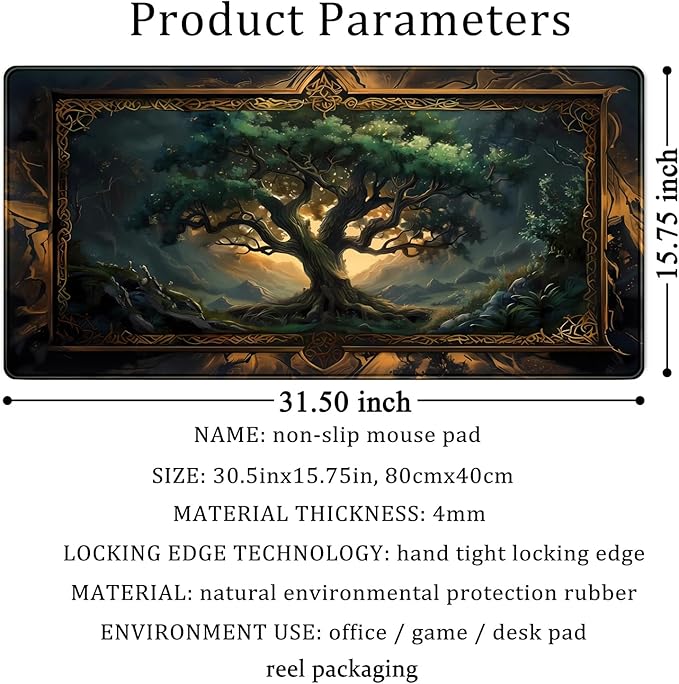 Mystical Green Tree Large Gaming Mouse Pad Forest Tree of Life Deskpad Mat XXL Extended Gaming Desk Large Mousepad Computer Laptop Keyboard and Mouse Mat, Office Desk Decor Pad 31.5x15.8 in