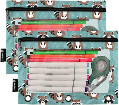 Emelivor Raccoon Teal Pencil Pouch for 3 Ring Binder 2 Pack Binder Pencil Case with Clear Window Pencils Bags with Zipper for Storing College Office Supplies