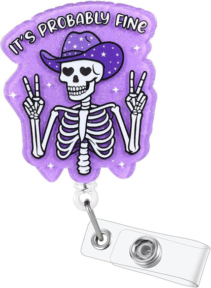 It's Probably Fine Funny Cowboy Skeleton Nurse Badge Reel, Cute Radiology X-ray Retractable ID Card Badge Holder, Name Tag Badge Clip for RN Nurse Nursing Student Radiologist Doctor Medical Workers
