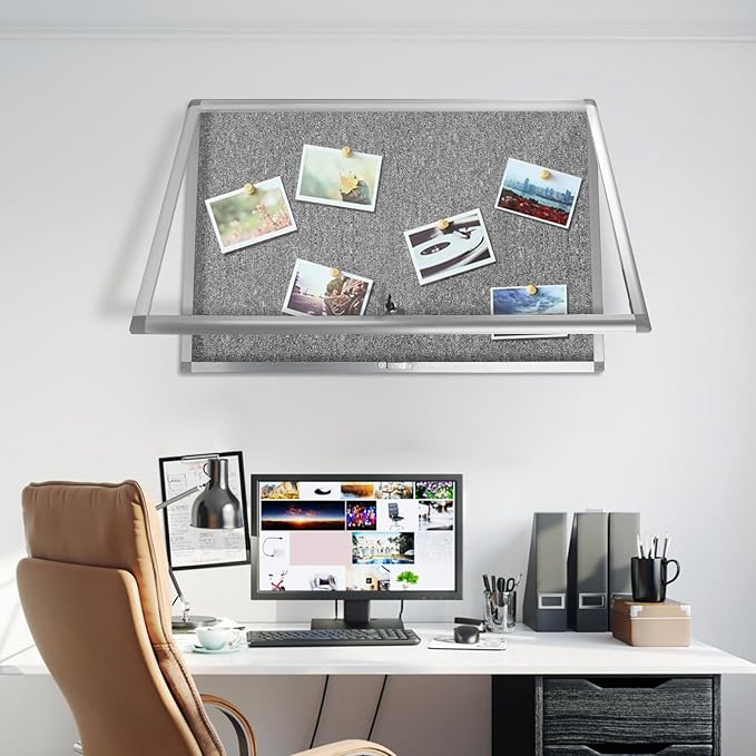 Enclosed Bulletin Board,Outdoor Weatherproof, Display Case Message Board with Acrylic Locking Door, Felt Grey,Aluminum Frame,36x24 Inch (5xA4)