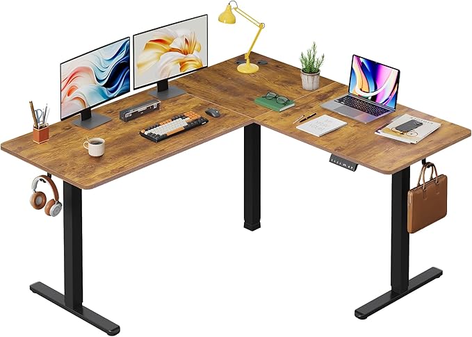 DEVAISE L Shaped Standing Desk Adjustable Height, Dual Motor Electric Corner Standing Desk, 63x55 inch Sit Stand up Home Office Desk with Splice Board, Rustic Brown