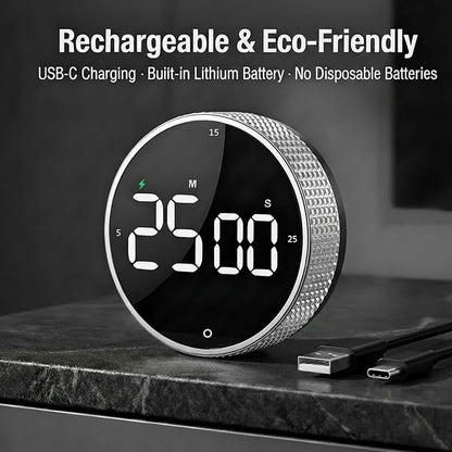 Rechargeable Magnetic Kitchen Timer,LED Countdown/Up Timer, Supports USB-C Charging,with Loud Alarm,3 Preset Quick Times(5/15/25m),Perfect for Kitchen Cooking, Studying, and Fitness (Silver)