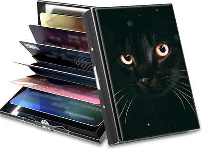 BWEGRHE Slim Credit Card Holder, Black Cat Glitter RFID Blocking Metal Wallet for Men & Women, Aluminum Minimalist Hard Case Pocket-Sized Business Cards Organizer (Fits Up to 10 Cards)