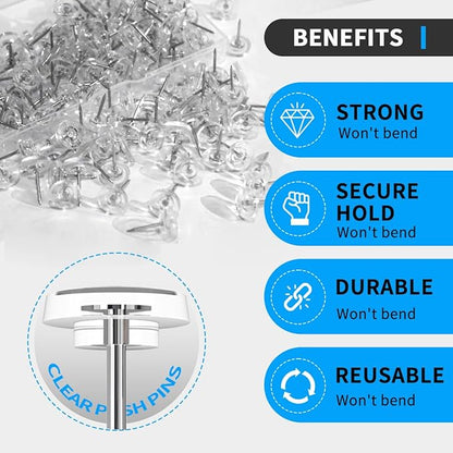 150 PCS Clear Push Pins Tacks Count in Reusable Box for Bulletin Boards and Wall Displays Heavy Duty Plastic Head