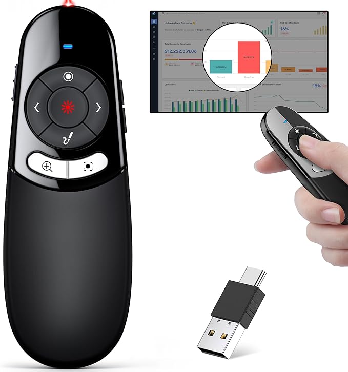 2 in 1 Type C USB Presentation Clicker with Physical and Digital Function, RF 2.4GHz Wireless Presenter Remote PPT Clicker for Computer Presentations, Slide Advancer for Mac Laptop