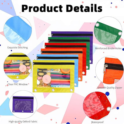 Pencil Pouch for 3 Ring Binder, 6 Pack Pencil Bags with Zipper, Large Capacity Pencil Case for Binder Assorted Color Pencil Case Pouch with Clear Window and Grommets Pencil Pocket for Office Supplies
