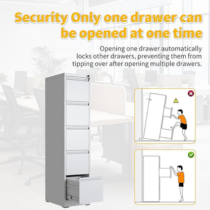 Reegangfa 5 Drawer File Cabinet with Lock, 18" D Metal Vertical Filing Cabinets, Steel File Storage Cabinets for Home Office, Hanging A4 Legal/Letter Size Narrow File Cabinet, Assembly Required