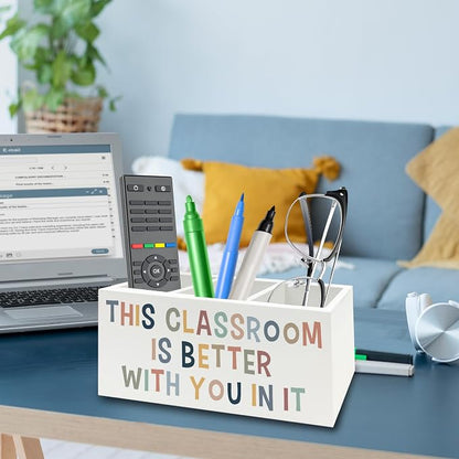 Boho Classroom Pen Pencil Holder Organizer for Desk, This Classroom Is Better With You in It Wooden Box Signs Decorations for Home Office Desk Tabletop, Back to School Supplies