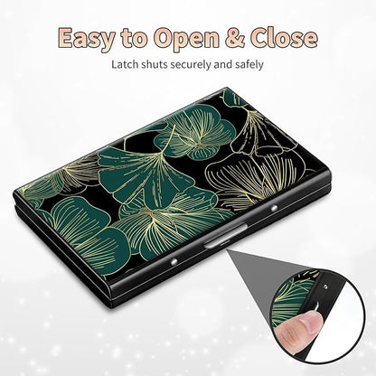 BWEGRHE Slim Credit Card Holder, Art Leaf RFID Blocking Metal Wallet for Men & Women, Aluminum Minimalist Hard Case Pocket-Sized Business Cards Organizer (Fits Up to 10 Cards)