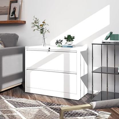 FLIXELIO File Cabinets 2 Drawer,Metal Office Storage Filing Cabinet with Lock,White Lateral Filing Cabinet for Home Office,Horizontal Two Drawer File Cabinet for Legal/Letter/A4,Assembly Require,White