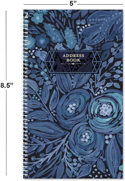 Navy Blossoms Address Book - 94 Pages; 5" x 8-1/2", Spiral-Bound, 50 Replacement Cover Stickers