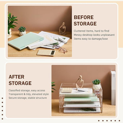 Harloon 4 Tier Acrylic Paper Tray 13 x 10 x 1.7 Inches Stackable Letter Clear Organizer No Need to Assemble Acrylic Paper File Organizer for Office Workspace Desktop Storage (Transparent)