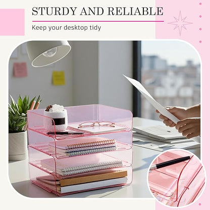 Harloon 4 Tier Acrylic Paper Tray 13 x 9.8 x 3 Inches Stackable Letter Clear Organizer No Need to Assemble Acrylic Paper Organizer File Tray for Office Workspace Desktop Storage (Transparent Pink)