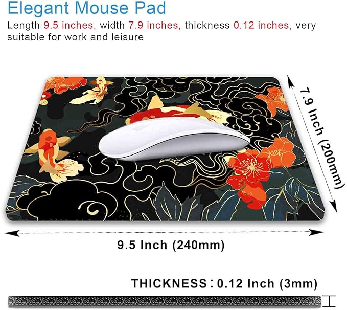 IMAYONDIA Japanese Koi Mouse Pad, Black Gold Gaming Mouse Pad, Anime Mousepad with Non-Slip Rubber Base, Computer Mouse Mat Office Accessories Decor Gift, 9.5 x 7.9 Inch