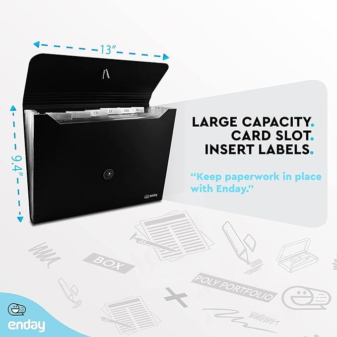 Accordion File Organizer Black, 7 Pocket Expanding File and Cover Folder with Labels, Plastic Portable Desktop Letter A4 Paper – by Enday