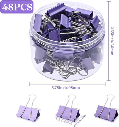 Temiary Aesthetic Binder Clips, Small Metal Binder Clip with Clear Storage Container, Binding Paperwork Clamps for School Teachers Office Supplies (Purple 0.98 Inch, 48P)