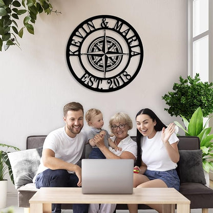 Metal Name Signs Personalized, Compass Metal Sign, Nautical Compass GPS Coordinates Metal Sign with Last Name Date, Personalized Wall Decor, Personalized Wedding Gift