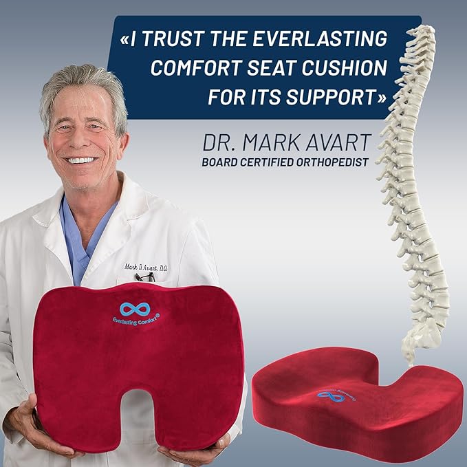 Everlasting Comfort Doctor Recommended Memory Foam Seat Cushion for Office Chairs & Car - Ergonomic Office Desk Accessories - Cushions for Tailbone Pain Relief, Sciatica (Red, Large)
