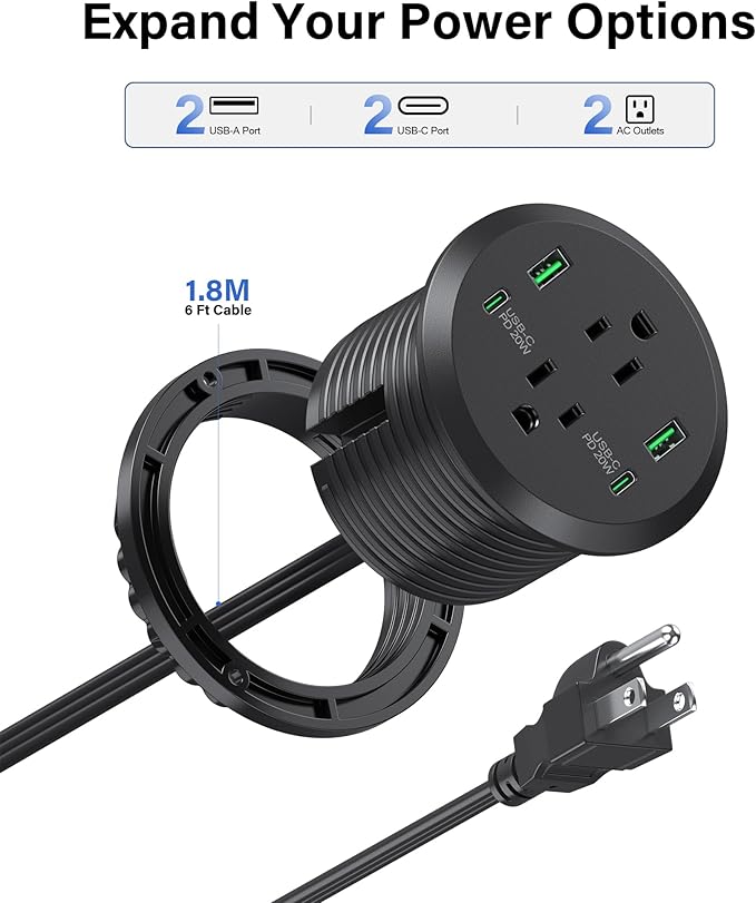 Desktop Power Grommet 3-inch Hole,40W Total Fast Charging Station, 2 PD 20W USB C Port,Flush-Mount Recessed Power Strip, 2 AC Outlets,4 USB Ports,in to The Top of Your Desk,6ft Cord