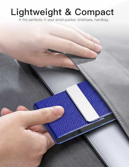Padike Professional Business Card Holder PU Leather Business Card Case Name Card Holder Slim Metal Pocket Card Holder with Magnetic Shut (Blue)