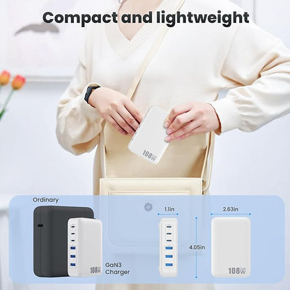 USB C Charger Block Charging Station,108W GaN III 6 Port 3xQC+3xPD Wall Charger Adapter Plug Cube,Super Fast Type C Charging Hub Box for iPhone 17 16 15 14 13 Pro Max iPad Samsung Pixel 5ft Cord-White
