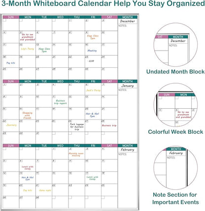 ARCOBIS 3-Month Dry Erase Calendar for Wall, 39"x28" Magnetic Whiteboard Calendar with Silver Aluminum Frame, Monthly Calendar Board for Office, Home, School