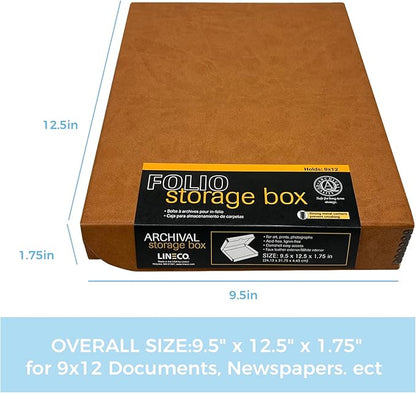 Lineco Folio Storage Box, Faux Leather Cover, Clamshell Design, 9.5x12.5x1.75 Inches, Archival Boxboard, Preserve Photos, Cards, Magazines, Documents, Art, Ephemera, Family Records, Tan, Pack of 1