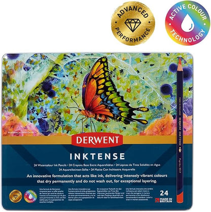 Derwent Inktense Pencils Tin, Set of 24, Great for Holiday Gifts, 4mm Round Core, Firm Texture, Watersoluble, Ideal for Watercolor, Drawing, Coloring and Painting on Paper and Fabric (0700929)