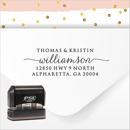 PrettySweetParty Self Inking Return Address Stamp - Custom 4 Line Personalized Address Stamp for Envelopes, Wedding Invitations, Business, Mailing Labels, Black Ink (Calligraphy Script)