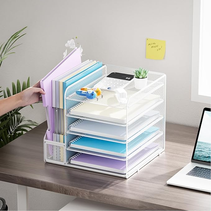 Marbrasse Desk Organizers and Accessories, 5-Tier Paper Letter Tray Organizer with File Holder, Mesh File Organizer, Office Desk Accessories & Organization for Supplies (White)