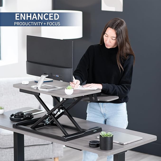 VIVO 26 inch Desk Converter, K Series, Height Adjustable Sit to Stand Riser, Dual Monitor and Laptop Workstation with Keyboard Tray, Gray Top, Black Frame, DESK-V026KG