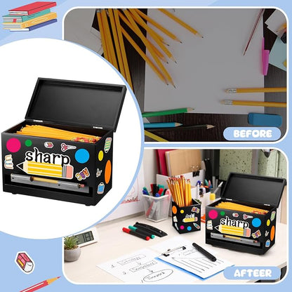 Mifoci 8 Pcs Wooden Pencil Dispenser Kit for Classroom Wooden Pen Holder Straw Dispenser Sharp and Dull Letter Stickers for Teachers Classroom Supplies Storage(Black)