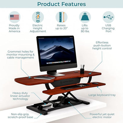 VERSADESK 48 Inch Electric Height Adjustable Ergonomic Desk Converter, PowerPro™ Height Standing Desk Riser, Keyboard Tray, Built-in USB Charging Port, Sit Stand Workstation, Hold 80 lbs, Cherry