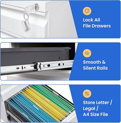 MIIIKO White Filing Cabinet 3 Drawers on Wheels Under Desk, Metal Rolling File Cabinet with Lock for Home Office, Small Mobile File Cabinet for Letter Legal File Folders, Un-Assembled