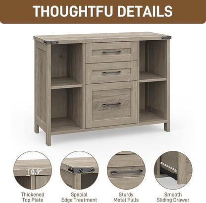 Vabches File Cabinet with 3 Drawers, Farmhouse Lateral File Cabinet Fits Files Letter/A4 Size, Wooden Filing Cabinet with Adjustable Shelves Printer Stand for Home Office, Grey