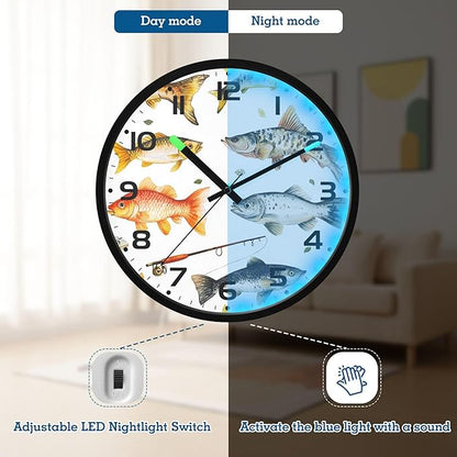 Vozoza Fishing Underwater 12 Inch Analog Wall Clocks Battery-Operated with Led Lights for Living Room Bedroom Kitchen Office Decor, Battery Not Included