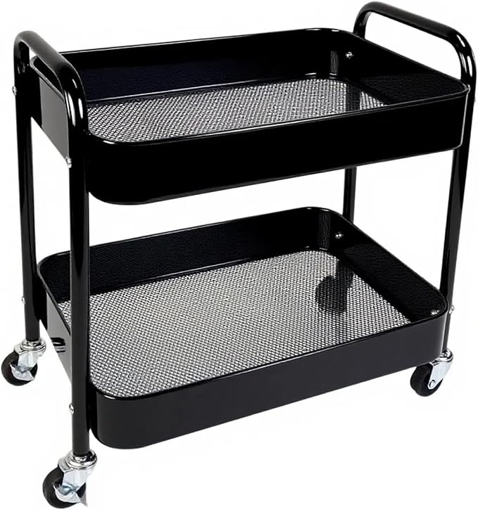 LIWNYRK 2 Tier Rolling Cart with Wheels for Under Desk Storage & Pantry Room, Large Capacity Laundry Room & Makeup Organizer, Sturdy Kitchen Utility Cart for Small Space with 4 Hooks, Black