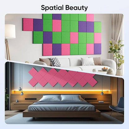 UNECHO 12 Pack 12" X 12" X 0.4" Acoustic Panels for Wall Sound Absorbing, Square Self-Adhesive Sound Panel, High Density Suitable for Multiple Scenarios(PeachPink)