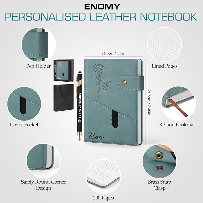 ENOMY Personalized Notebook & Pen Set PU Leather Custom A5 Notebook with Lock 200 Lined Paper Pages Luxury Gift Box for Men Women Travel College Business Gift, Gray Blue