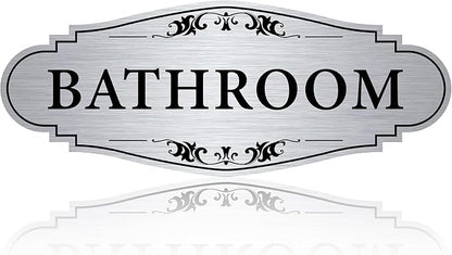 Bathroom Sign Sticker for Business and Home，Self-adhesive Brushed Silver Cute Bathroom Decor for Door，Waterproof Vinyl Restroom Sign for Home，Office，Shop（Silver）