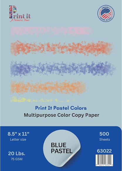 Printit Colors Multipurpose Paper, 20 lbs., 8.5" x 11", Blue, 500 Sheets/Ream – Premium Colored Copy Paper for Printing, School, and Office Use