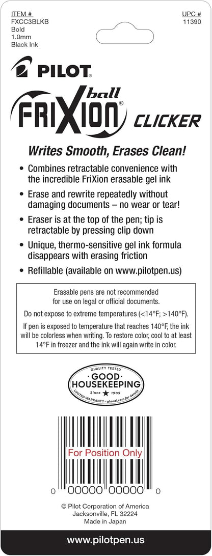 Pilot® FriXion® Ball Clicker Erasable Retractable Gel Pens, Pack of 3, Bold Point, 1.0 mm, Black Barrels, Black Ink