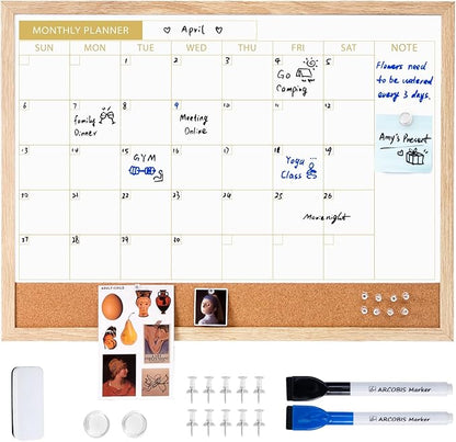 ARCOBIS Calendar Whiteboard with Cork Board, 24"x18" Wood Frame Dry Erase Calendar for Wall, Magnetic Monthly Combination Board for Home, Office, School, Kitchen, Beige