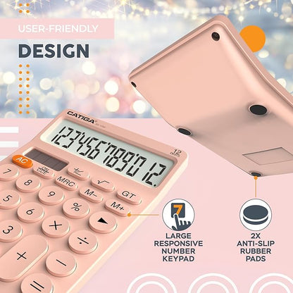CATIGA 12 Digit Desktop Calculator Basic Desk Calculator with Large LCD Display, Big Buttons, 4 Function, Solar and Battery Dual Power, for Office, School, Home, SD-1292 Pink