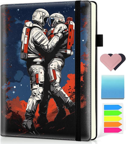 Hardcover Executive Notebooks, A5 PU Leather Lined Journal Notebook, 200 Pages Thick Paper Subject Notebooks for School,Work,Home Writing Business Notebook, Diary Book ， Astronaut Couple
