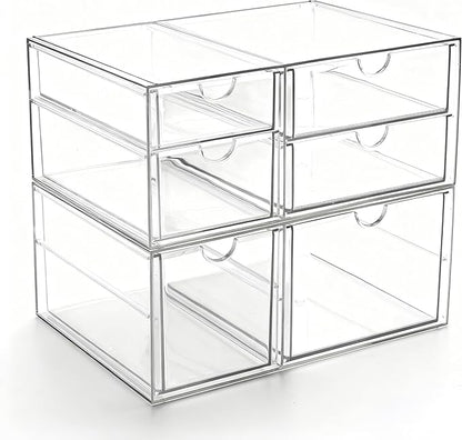 Prsildan Acrylic Makeup Organizer Clear Storage Drawer with 6 Small Drawers | Transparent, Vanity Organizers, For Bathroom Kitchen Cabinet Office Desk Under Sink, Set of 2